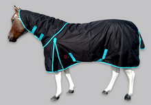 HORSE RAINSHEET With Detachable Hoods (VELCROW HOODS / ANTI-FLIP DESIGN ) - BLACK W TURQUOISE TRIM