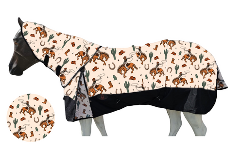 HORSE RAINSHEET With Detachable Hoods (VELCROW HOODS / ANTI-FLIP DESIGN ) - Bucking Cowboy Design