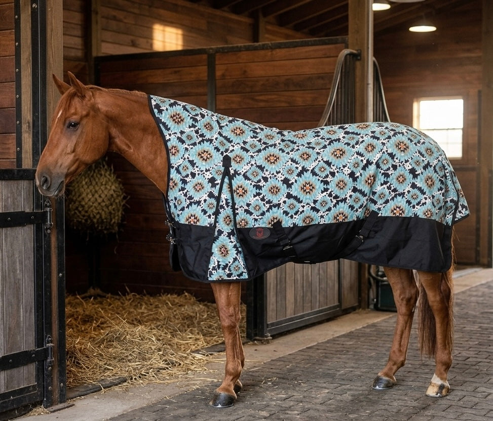 HIGH NECK HORSE RAINSHEET 1200 Denier - Cow Aztec Aqua Print