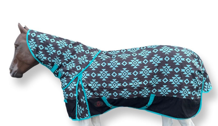 Heavy Weight Horse Winter Turnout Blanket  ( With Detachable Hood ) 1200 Denier with 300 GSM Fill - (Aztec-Turquoise-Print)