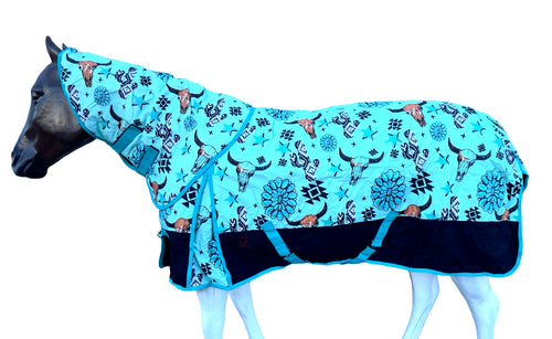 Heavy Weight Horse Winter Turnout Blanket  ( With Detachable Hood ) 1200 Denier with 300 GSM Fill - (Wild-West-Longhorn-Print)