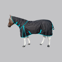 HORSE RAINSHEET With Detachable Hoods (VELCROW HOODS / ANTI-FLIP DESIGN ) - BLACK W TURQUOISE TRIM